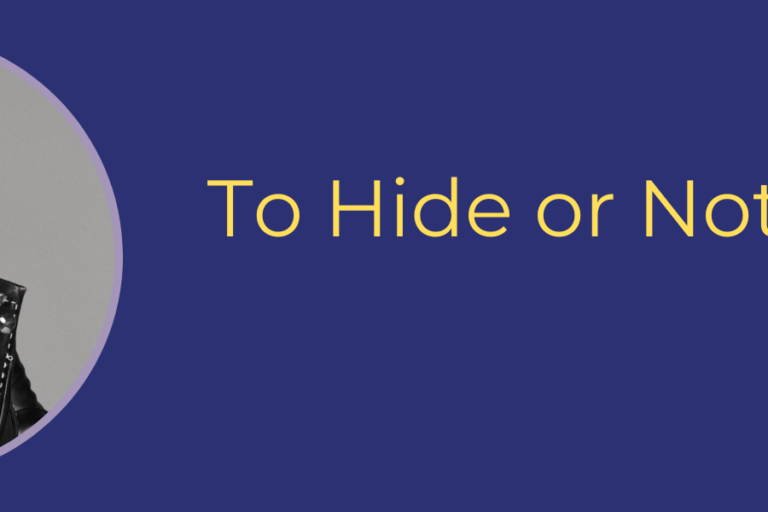 ID: B/W photo: white woman wearing sunglasses and a leather jacket. One hand rests on her chin. Words: To Hide or Not To Hide? (Photo by Molly Zacher)