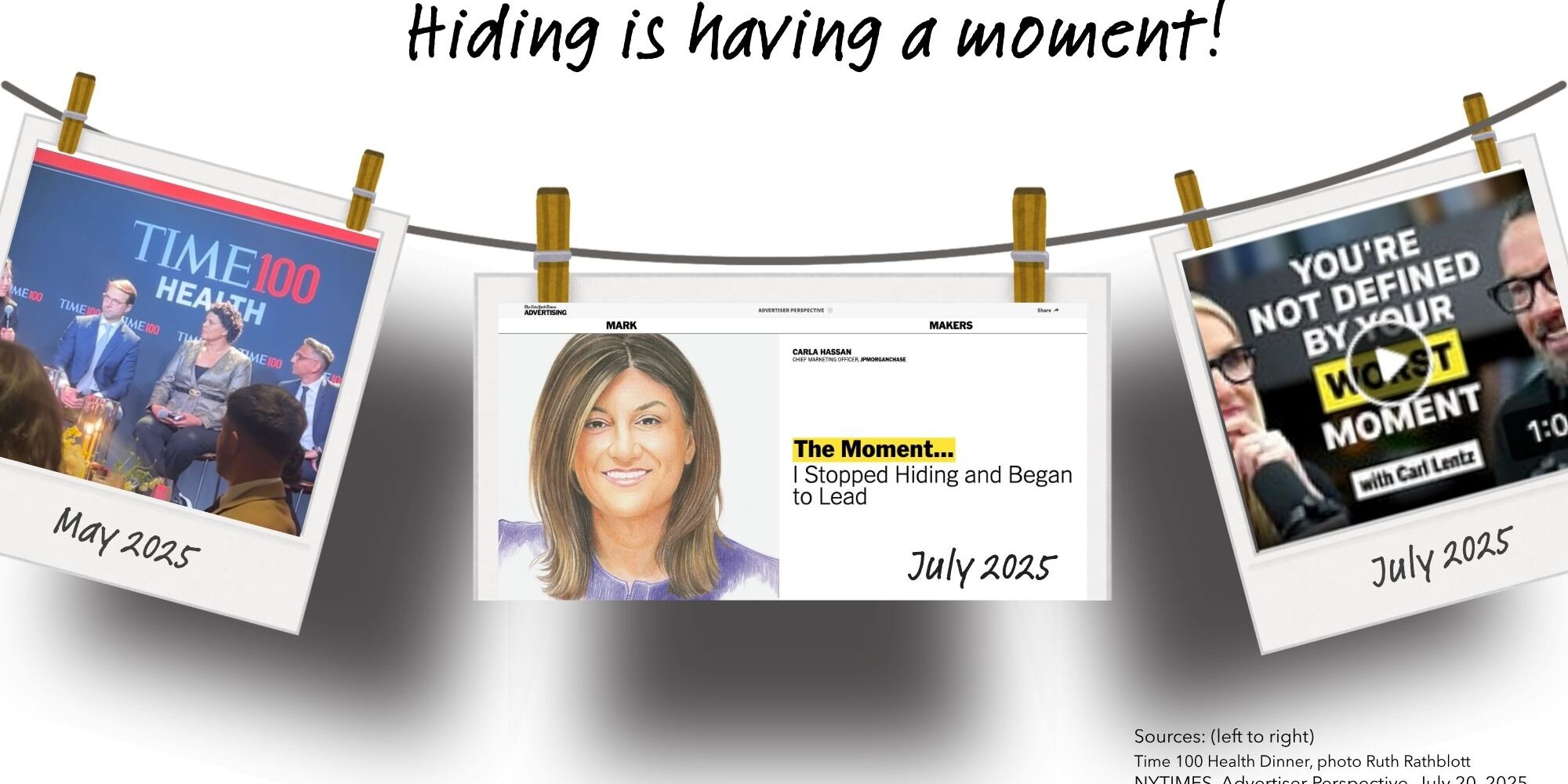 A collage with three polaroid-style images hanging on a clothesline under the phrase “Hiding is having a moment!” Left: TIME100 Health Dinner panel (May 2025). Center: NYTimes Advertiser Perspective article titled The Moment…I Stopped Hiding and Began to Lead (July 2025). Right: Mel Robbins Podcast with text “You’re not defined by your worst moment” (July 2025).