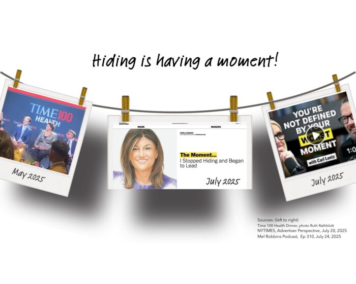 A collage with three polaroid-style images hanging on a clothesline under the phrase “Hiding is having a moment!” Left: TIME100 Health Dinner panel (May 2025). Center: NYTimes Advertiser Perspective article titled The Moment…I Stopped Hiding and Began to Lead (July 2025). Right: Mel Robbins Podcast with text “You’re not defined by your worst moment” (July 2025).
