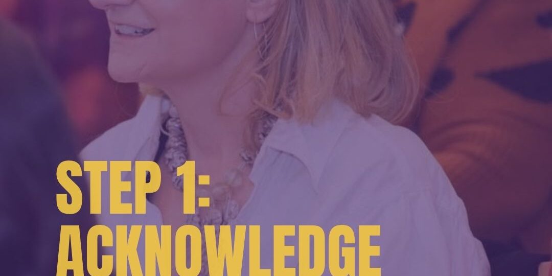 picture of Ruth, female with blond hair and white shirt. Words STEP 1: ACKNOWLEDGE, RR circle logo in corner.