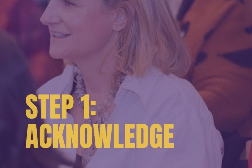 picture of Ruth, female with blond hair and white shirt. Words STEP 1: ACKNOWLEDGE, RR circle logo in corner.