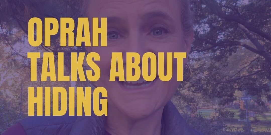 Ruth Rathblott outdoors with a purple overlay and large yellow text reading, “Oprah Talks About Hiding."