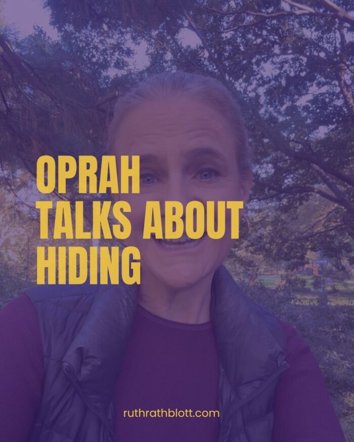 Ruth Rathblott Edit(26) Ruth Rathblott outdoors with a purple overlay and large yellow text reading, “Oprah Talks About Hiding."