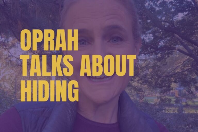 Ruth Rathblott outdoors with a purple overlay and large yellow text reading, “Oprah Talks About Hiding."